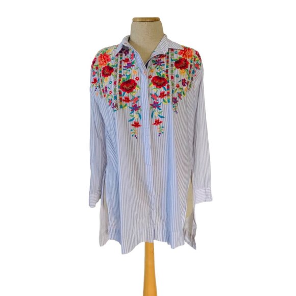 Johnny Was Small Cotton Striped WITH EMBROIDERED FLOWERS Tunic Tops - Picture 1 of 11